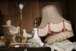 AN AYNSLEY LAMP, ANOTHER LAMP WITH BIRDS AND ANOTHER (3)
