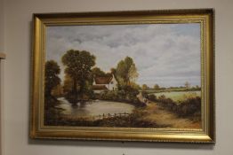 A FRAMED OIL ON CANVAS OF A RURAL SCENE