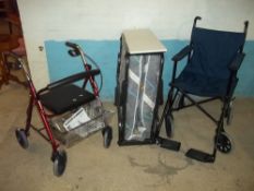 A FOLDING Z BED AND A FOLD AWAY WHEELCHAIR WITH WALKING AID
