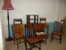 TEN ITEMS INCLUDING A DESK, CHAIRS, A VINTAGE SEWING STORAGE TABLE, A CHEST OF FIVE DRAWERS ETC. (