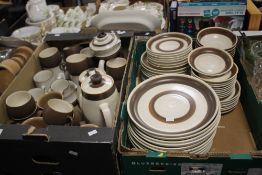 TWO TRAYS OF DENBY AND SIMILAR STYLE TEA & DINNERWARE (TRAYS NOT INCLUDED)