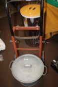 A SACK TROLLEY AND A GALVANISED LIDDED POT