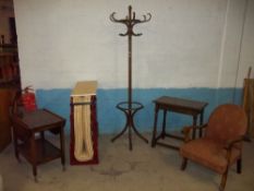 FIVE ITEMS INCLUDING A COAT STAND, A FOLDING Z BED, DROP LEAF TROLLEY TABLE ETC.