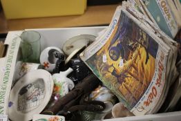 A TRAY OF CERAMICS ETC. TO INCLUDE BOYS OWN MAGAZINES (TRAY NOT INCLUDED)