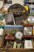 A TRAY OF SUNDRIES TO INCLUDE TWO CLOCKS, A MIRROR, A KODAK CAMERA ETC. (TRAY NOT INCLUDED)