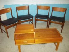 FOUR RETRO TEAK BLACK VINYL DINING CHAIRS AND A TEAK TELEPHONE SEAT