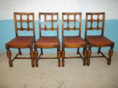 FOUR ANTIQUE OAK LATTICE BACK DINING CHAIRS