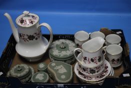 A TRAY OF CERAMICS TO INCLUDE WEDGWOOD AND PARAGON