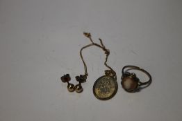 A 9 CT GOLD CAMEO RING TOGETHER WITH A 9 CT GOLD ST. CHRISTOPHER AND A PAIR OF 9 CT EARRINGS