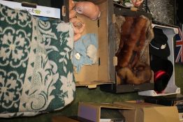 A QUANTITY OF VINTAGE FUR, including a coat and a quantity of textiles etc, TWO VINTAGE BLANKETS AND