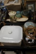TWO TRAYS OF KITCHENALIA TO INCLUDE ENAMEL BREAD BIN, VINTAGE SCALES ETC. (TRAYS NOT INCLUDED)