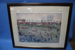 B. MCMULLEN - A FRAMED AND GLAZED PRINT OF A FOOTBALL MATCH