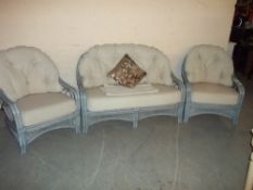 A GREY WICKER BAMBOO THREE PIECE CONSERVATORY SUITE