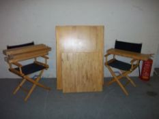 A SELECTION OF THREE IKEA KITCHEN TABLES AND TWO FOLDING DIRECTOR'S CHAIRS