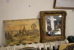 A SMALL GILT FRAMED MIRROR 35 X 30 CM TOGETHER WITH A POKER WORK PICTURE OF A RUSSIAN SCENE
