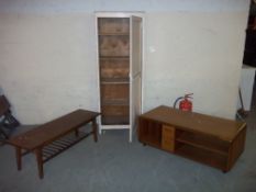 TWO RETRO TEAK COFFEE TABLES AND VINTAGE SHELVED PAINTED STORAGE CUPBOARD