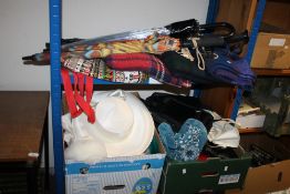 A QUANTITY OF LADIES HATS, HANDBAGS, UMBRELLAS ETC.