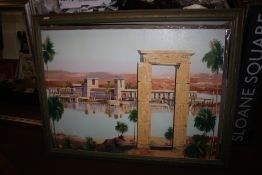 ANDREW HEWKIN - AN OIL ON CANVAS OF AN EASTERN SCENE, 135 x 105 cm