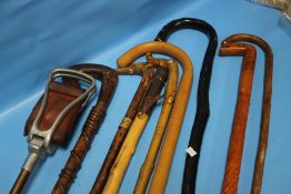 A COLLECTION OF ASSORTED WALKING STICKS AND A SHOOTING STICK