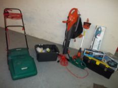 ELECTRICAL GARDEN TOOLS TO INCLUDE A QUALCAST MOWER, BOXED HEDGE TRIMMER, FLYMO LEAF BLOWER, TOOL