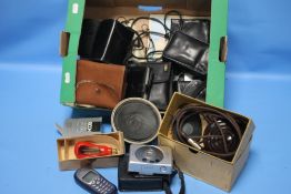 A BOX OF ASSORTED CAMERAS, MOBILE PHONE, ETC.