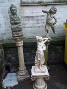 THREE CONCRETE PEDESTALS AND STATUES