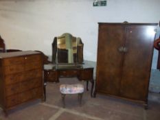 A FOUR PIECE WALNUT BURR FINISH BEDROOM SUITE WITH QUEEN ANNE LEGS
