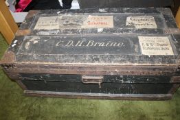 A METAL BOUND WOODEN CHEST