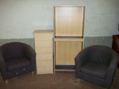 A MODERN NARROW FIVE DRAWER CHEST AND A TALL BOOKSHELF WITH TWO IKEA EASY CHAIRS