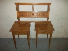 A SOLID DISPLAY SPICE WALL RACK WITH DRAWERS AND TWO SOLID PINE SOFA TABLES