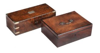 A Victorian burr walnut and brass bound stationery box