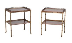 A pair of simulated bamboo and mahogany two-tier étagères