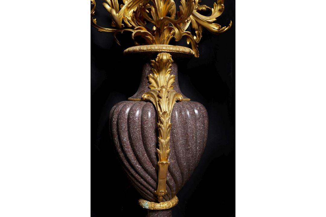 A pair of monumental ten light porphyry and gilt bronze mounted candelabra in Louis XV taste - Image 2 of 3