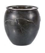 A Japanese Bronze Bowl of ovoid form cast in relief with carp