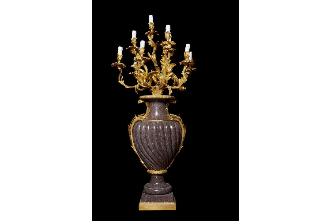 A pair of monumental ten light porphyry and gilt bronze mounted candelabra in Louis XV taste - Image 1 of 3