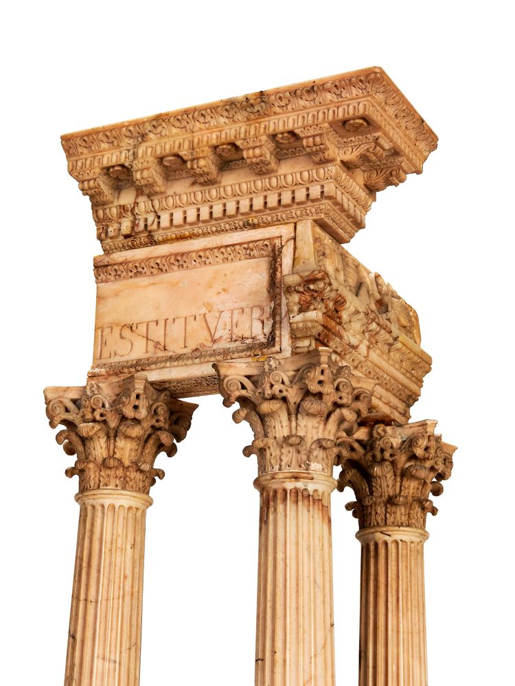 A pair of large Italian marmo giallo Grand Tour souvenir models of Temple of Castor and Pollux and t - Image 7 of 7