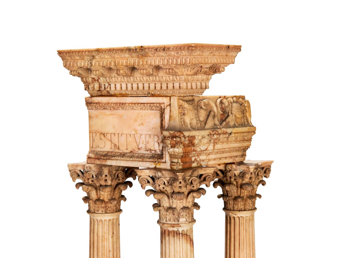 A pair of large Italian marmo giallo Grand Tour souvenir models of Temple of Castor and Pollux and t - Image 5 of 7