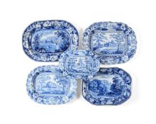 Four various Staffordshire blue and white printed pearlware meat plates and a drainer variously prin