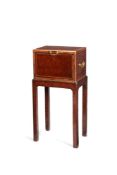 A George II burr yew, padouk and inlaid strong box on stand, mid-18th century