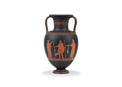 A Wedgwood black basalt and encaustic decorated two-handled urn in the Attic manner, mid 19th centur