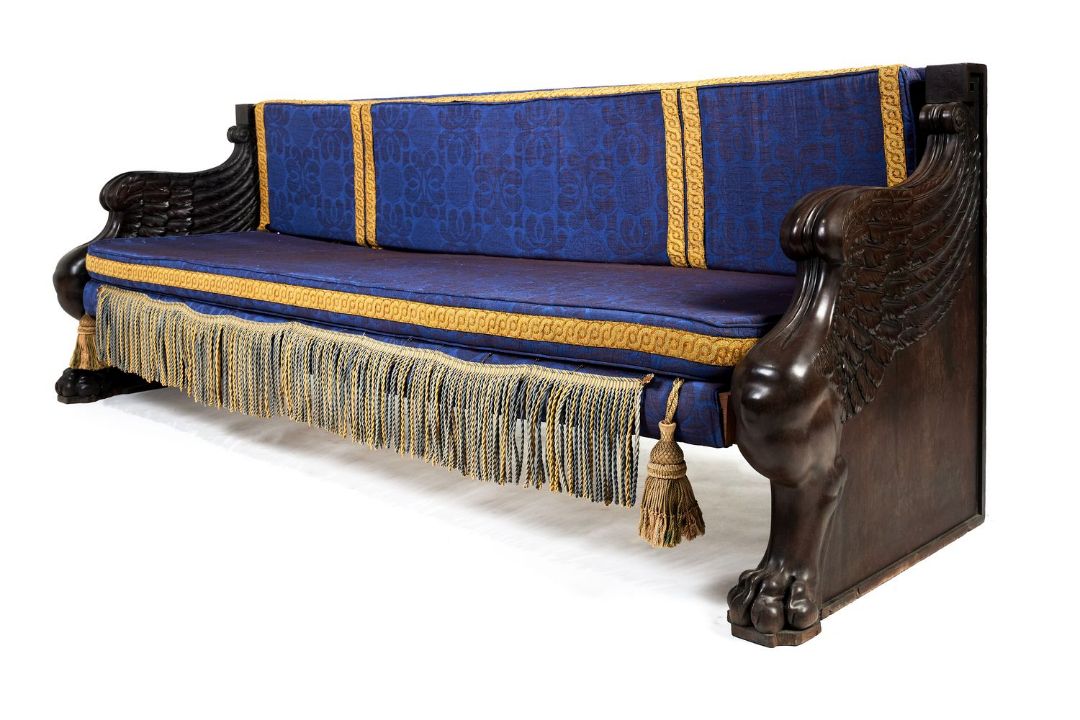 A carved mahogany sofa, the ends early 19th century, possibly supplied by 'Mr. Bogaert' to Thomas Ho - Image 1 of 3