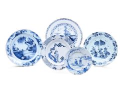 A selection of Chinoiserie English blue and white delft, third quarter 18th century