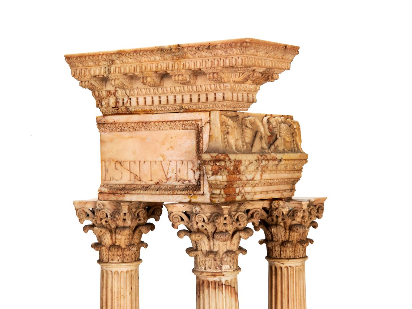 A pair of large Italian marmo giallo Grand Tour souvenir models of Temple of Castor and Pollux and t - Image 6 of 7