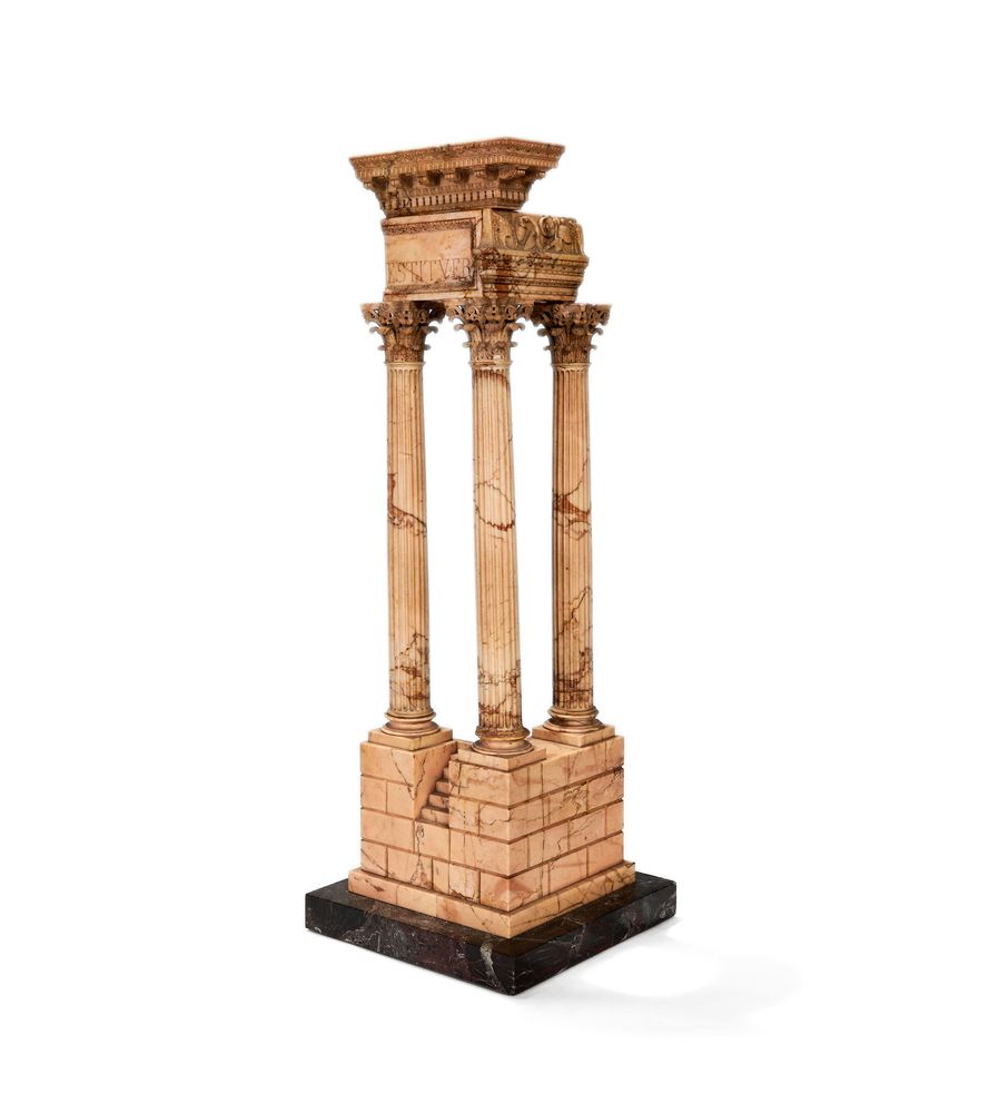 A pair of large Italian marmo giallo Grand Tour souvenir models of Temple of Castor and Pollux and t - Image 2 of 7