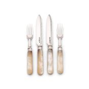 ϒ A set of twelve late Victorian silver and mother of pearl fruit knives and forks