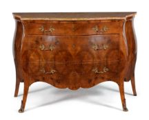 A pair of Continental figured walnut and gilt metal mounted serpentine commodes, in mid 18th century