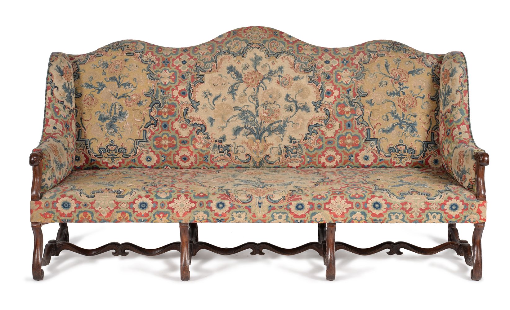 † A French walnut and needlework upholstered settee, 18th century and later elements