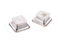 Two Edwardian glass and silver mounted canted square ink wells