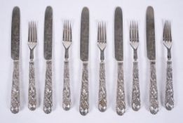 Five pairs of Victorian silver Chased Vine pattern dessert knives and forks by Aaron Hadfield