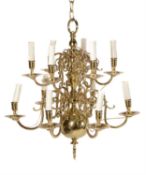 A companion pair of Dutch brass nine-light chandeliers, 18th century